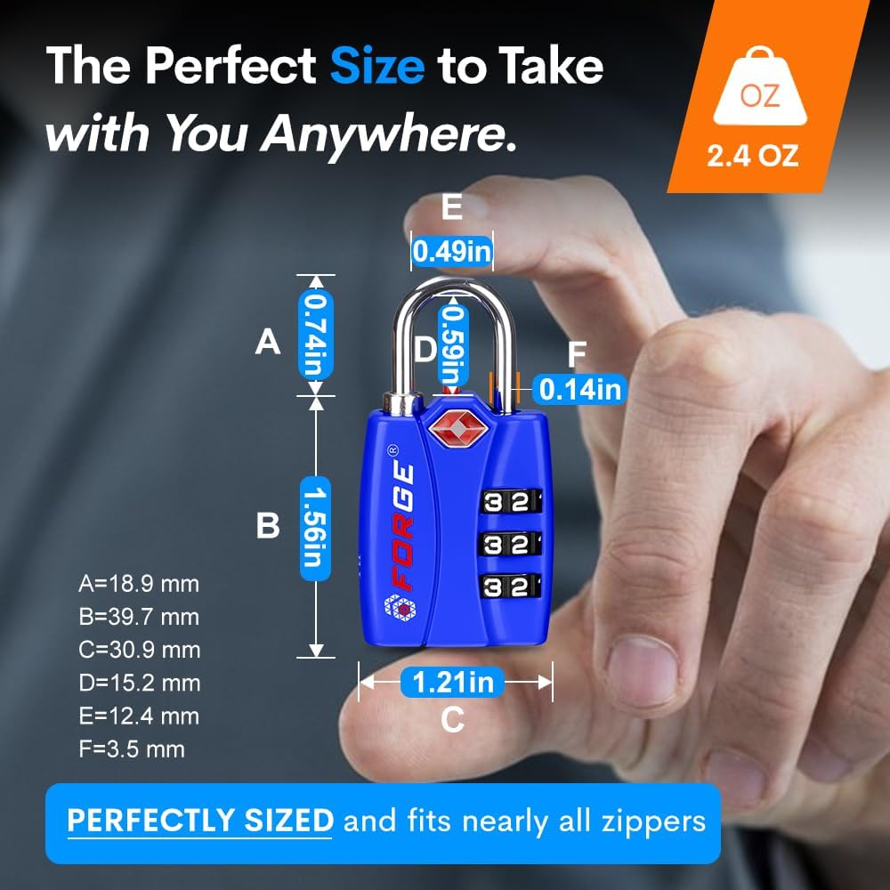 Forge TSA Luggage Combination Lock - Open Alert Indicator, Easy Read Dials, Alloy Body- Ideal for Travel, Lockers, Bags (Blue 4Pk)