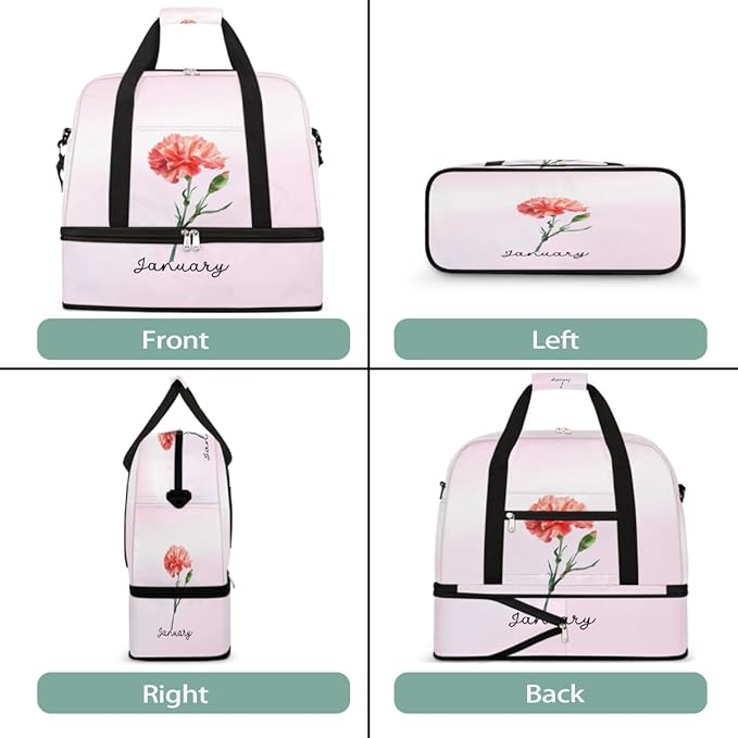 Pink Flowers Text Large Weekender Bag with Shoe Compartment Travel Duffel Bags for Women Carry On Hospital Overnight Bag Foldable Personal Item Travel Bags Tote Gym Sports Airplanes