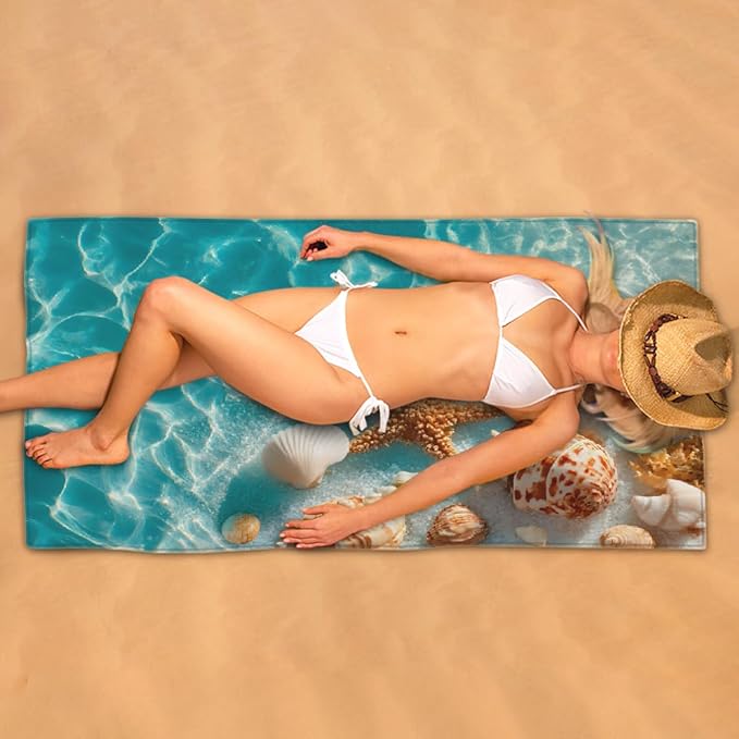 Summer Seashells Sea Beach Towel, Large Microfiber Quick Dry Lightweight Pool Bath Towels Sand Free Beach Blanket for Summer Cruise Yoga Camping Travel Vacation Essentials 31 x 61 in
