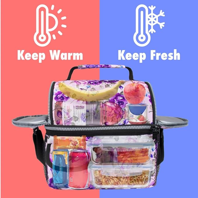 opux Lunch Bag Women Insulated, Adult Lunch Box Cooler, Flower Lunch Box, Dual Compartment Lunchbox for Work, Leakproof Double Decker Lunch Bag, Soft Lunch Pail Tote Girls Kids School, Floral Purple