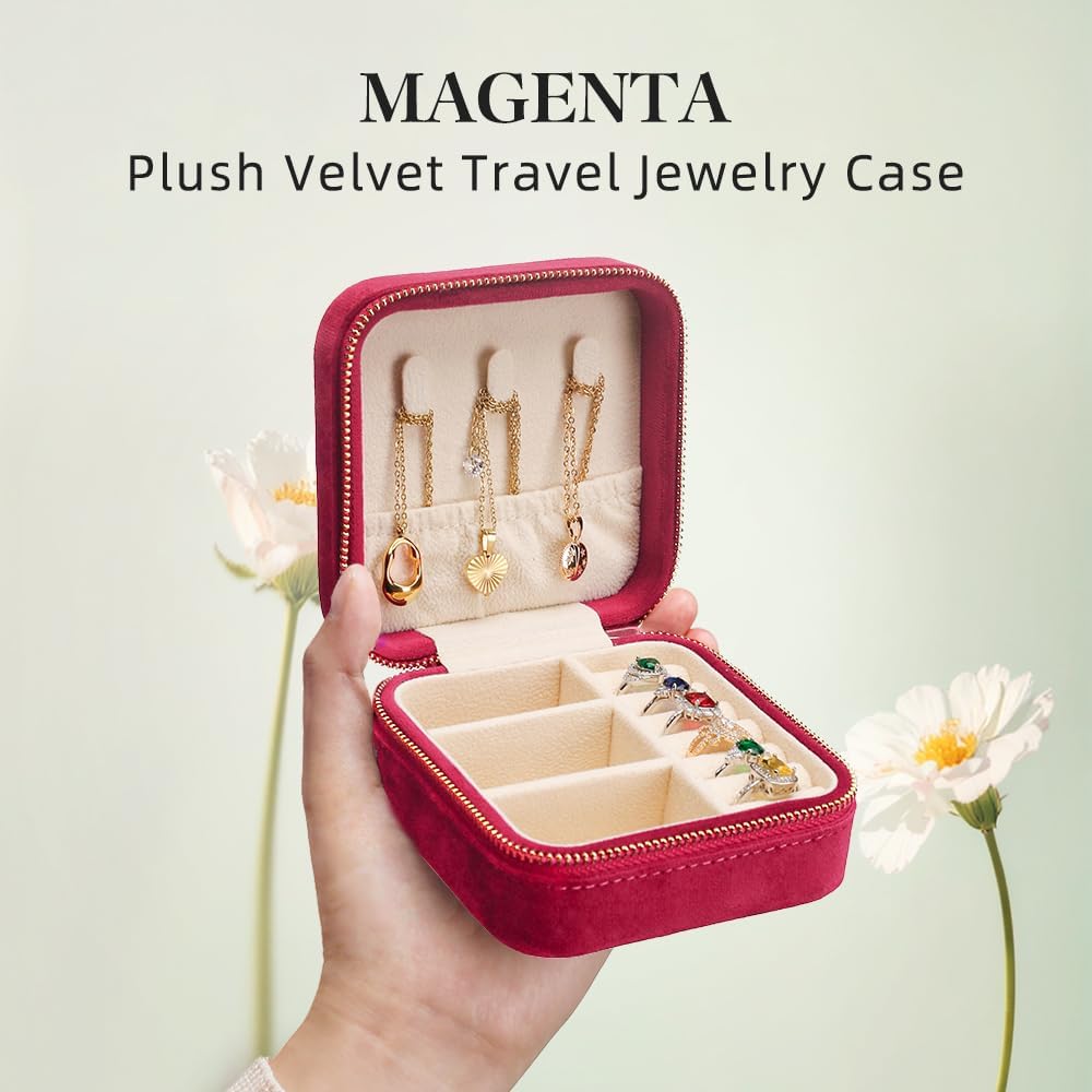 Travel Jewelry Case, Small Plush Velvet Jewelry Box for Women and Girls, Portable Jewelry holder organizer for Rings Earrings Necklaces Bracelets(Magenta)