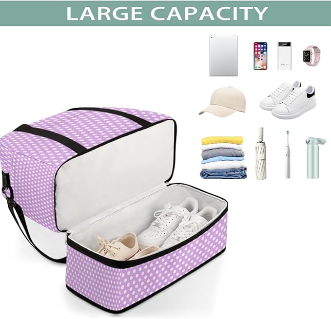 Purple White Polka Dot Large Weekender Bag with Shoe Compartment Travel Duffel Bags for Women Carry On Hospital Overnight Bag Foldable Personal Item Travel Bags Tote Gym Sports Airplanes