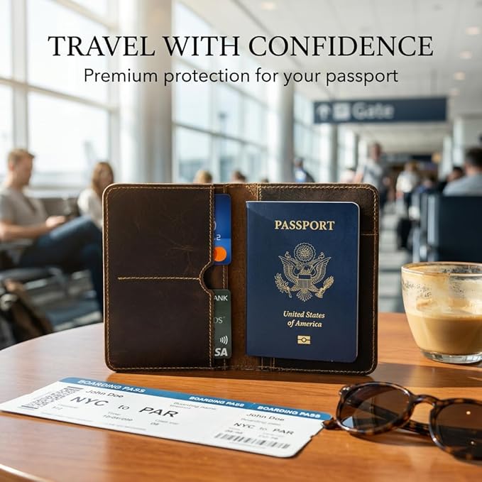 Rustique Leather Passport Holder Collection - Handmade Travel Wallet & Organizer - Full Grain Crazy Horse Leather Covers for Men & Women (Multiple Styles) (Document Organizer - Smoky Bourbon)