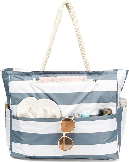 Large Canvas Beach Bag for Women, Beach Bags Waterproof Sandproof with Zipper & Wet Bag Cruise Essentials