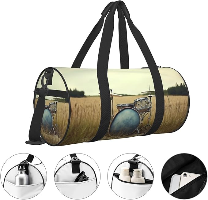 Music Drum in Field Sports Gym Bag for Women Men Travel Duffel Bag Tote Weekender Bag Canvas Carry on Overnight Bag for Travel Swimming Fitness Workout Sports Duffle Bag