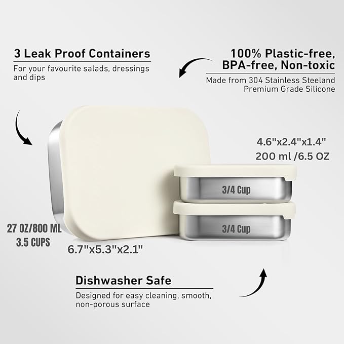 Leak Proof Stainless Steel Lunch Box Containers, Stainless Steel Bento Box, Metal Lunch Box, Sandwich and Snack Containers, SIlicone Lids, Korean Style,Small Vanilla (1 x 27oz + 2 x 6.5 OZ)