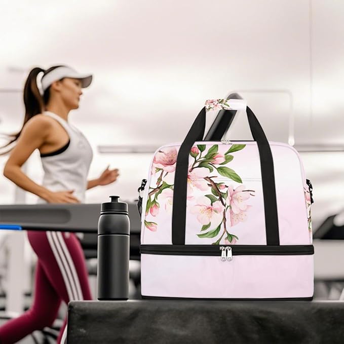 Pink Cherry Blossoms Large Weekender Bag with Shoe Compartment Travel Duffel Bags for Women Carry On Hospital Overnight Bag Foldable Personal Item Travel Bags Tote Gym Sports Airplanes