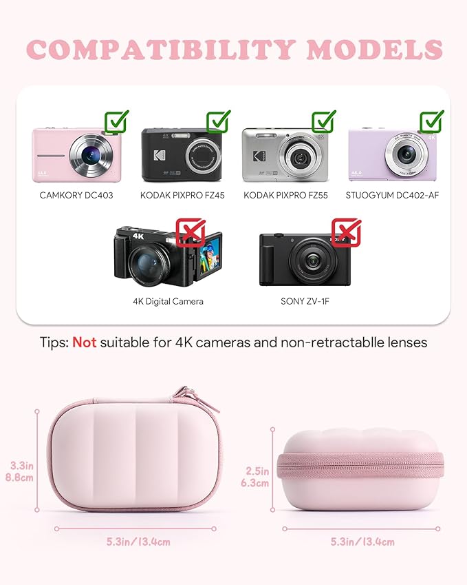 Digital Camera Case Compatible with CAMKORY DC403/ KODAK PIXPRO FZ55/ FZ45/ STUOGYUM DC402-AF, Small Hard Shell Bag with SD Card Storage for Travel (Pink)