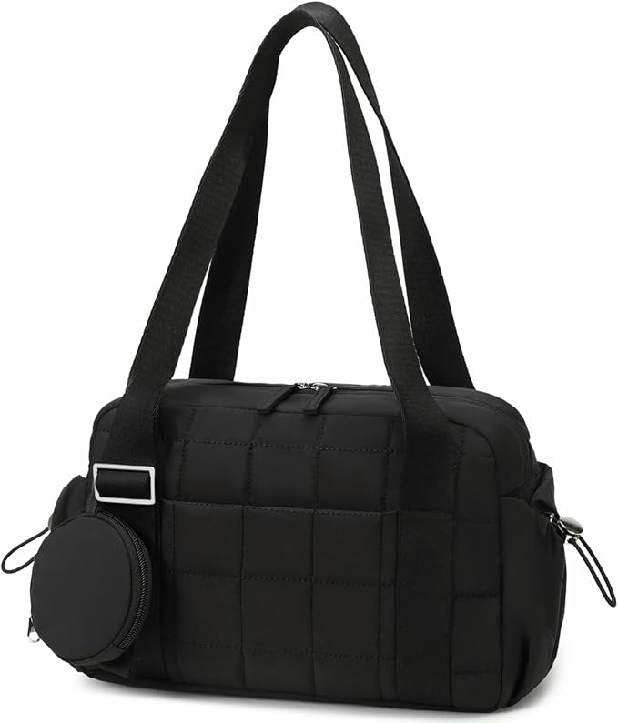 CAMTOP Mini Gym Bag for Women, Small Gym Tote Bag Puffy Quilted Sports Duffel Bag with Wet Compartment and Coin Purse Duffel Bags Dance Yoga Workout Bag for Gifts (All Black, Mini-12.6")