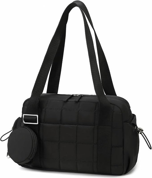 CAMTOP Mini Gym Bag for Women, Small Gym Tote Bag Puffy Quilted Sports Duffel Bag with Wet Compartment and Coin Purse Duffel Bags Dance Yoga Workout Bag for Gifts (All Black, Mini-12.6")