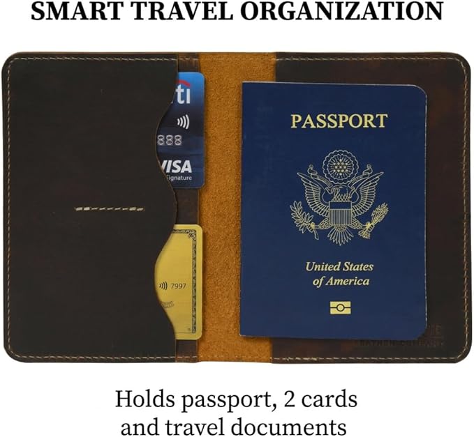 Rustique Leather Passport Holder Collection - Handmade Travel Wallet & Organizer - Full Grain Crazy Horse Leather Covers for Men & Women (Multiple Styles) (Wavy Pocket Wallet - Tobacco & Honey)