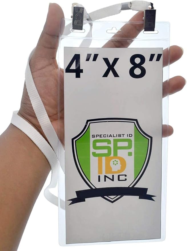 Bulk 25 Pack - 4 x 8 Inch Extra Large Ticket & Event Credential Badge Holders with Double Sided Lanyards with Two Bulldog Clips, by Specialist ID (White)