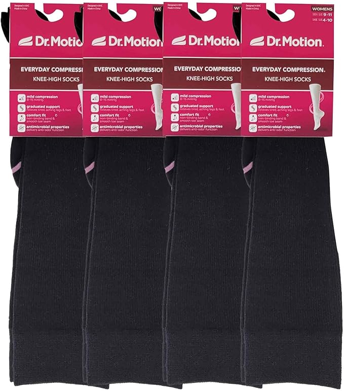 Dr. Motion Compression Knee High Socks for Women - 4 Pairs Pack