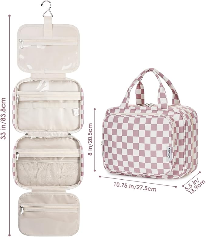 Narwey Hanging Toiletry Bag for Women Travel Makeup Bag Organizer Toiletries Bag for Travel Size Essentials Accessories Cosmetics (Dusty Pink Checkerboard (Medium))