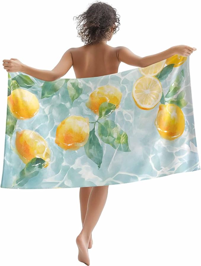 Watercolor Lemon Beach Towel 35" x 71" Summer Fruit Water Waves Lake Quick Dry Sand Free Pool Towels Soft & Absorbent Compact Towels Beach Accessories for Travel Bathroom Swimming Pool