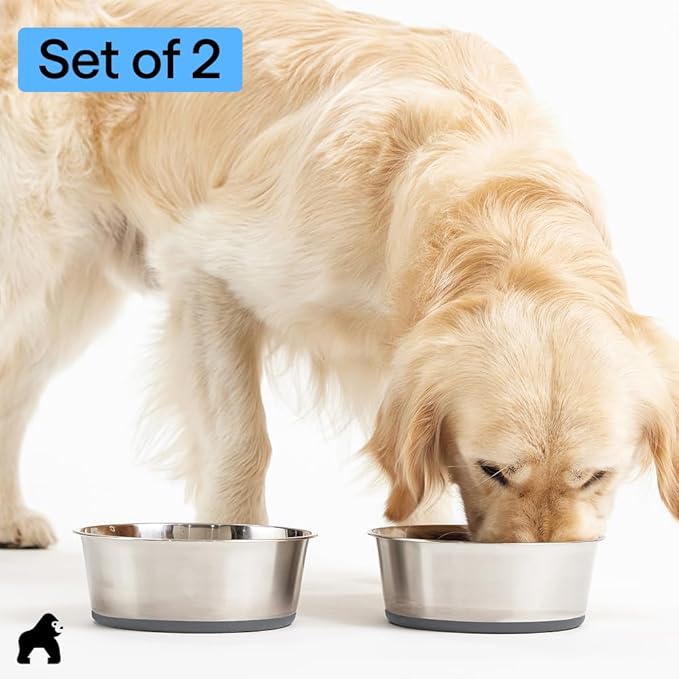 GORILLA GRIP Dog Bowls, Heavy Duty 304 Stainless Steel, Holds 4 Cups Each (32 fl oz) Food and Water Bowl for Feeding Dogs and Cats, Dishwasher Safe, Rust Resistant, BPA Free Rubber Base Set of 2 Gray