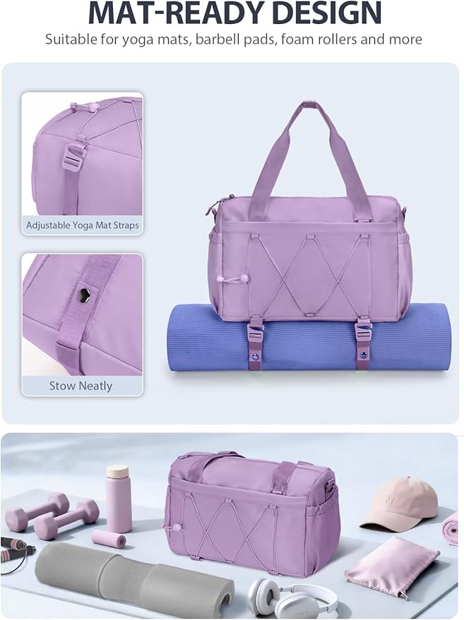 Small Gym Bag for Women with Yoga Mat Holder and Wet Compartment, Mini Gym Duffle Bag Yoga Bag with Water Bottle Pocket for Workout Travel, Purple