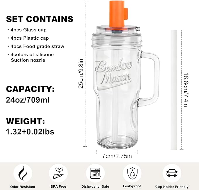 Bamboo Mason Leakproof Mason Jar Cups with Lids and Straws, 24oz Glass Tumbler with Handle, Leak-Proof Rotating Lid & Silicone Straw, Reusable Iced Coffee & Matcha Cup Set Coffee Gifts for Women -2pc