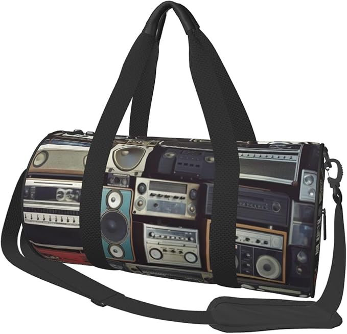 Vintage Wall of Radio Boombox Sports Gym Bag for Women Men Travel Duffel Bag Tote Weekender Bag Canvas Carry on Overnight Bag for Travel Swimming Fitness Workout Sports Duffle Bag