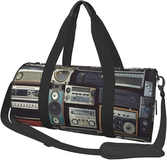 Vintage Wall of Radio Boombox Sports Gym Bag for Women Men Travel Duffel Bag Tote Weekender Bag Canvas Carry on Overnight Bag for Travel Swimming Fitness Workout Sports Duffle Bag