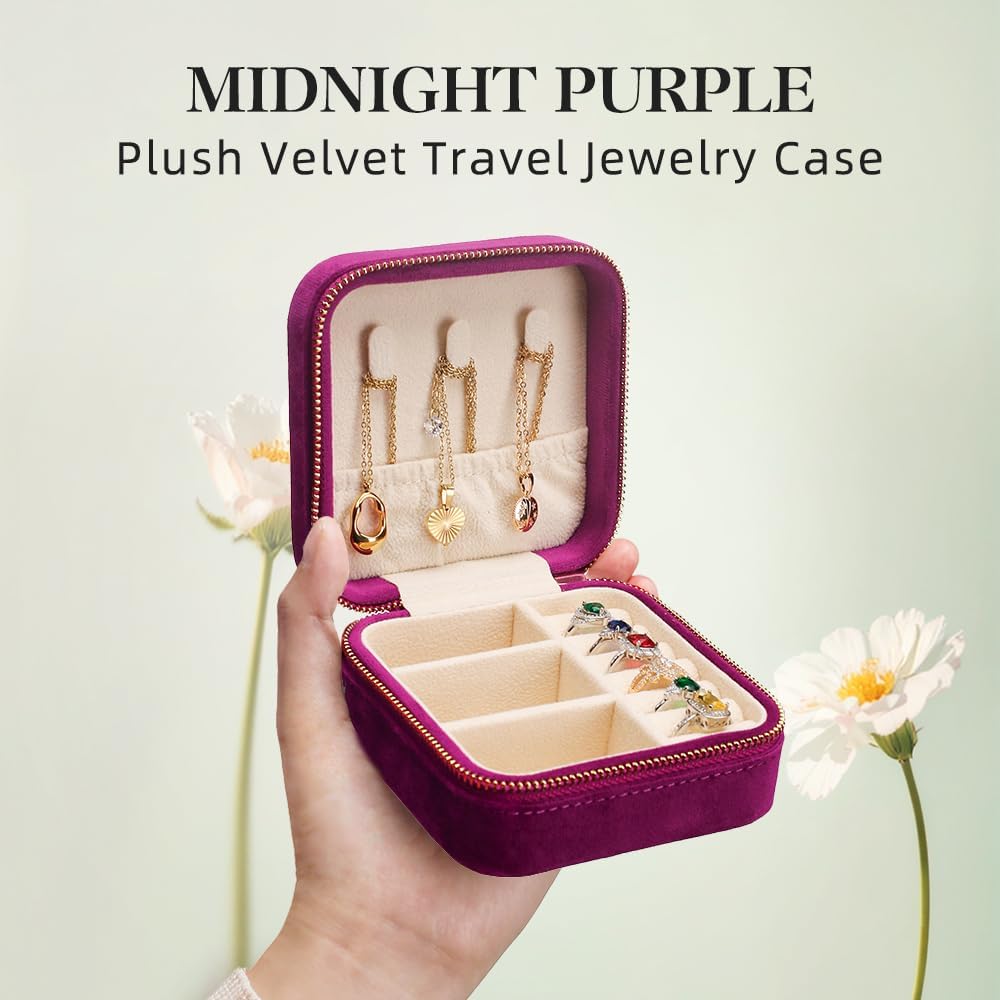 Travel Jewelry Case, Small Plush Velvet Jewelry Box for Women and Girls, Portable Jewelry holder organizer for Rings Earrings Necklaces Bracelets(Midnight Purple)