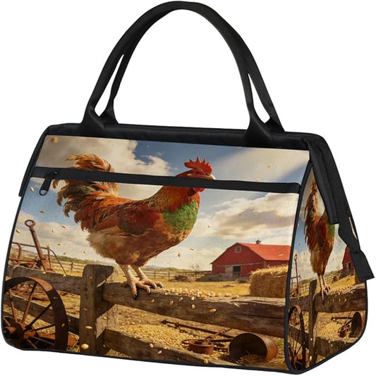 Travel Gym Carrying Bag - Autumn Farm Rooster Overnight Weekender Bag for Women Men Girls - Shoulder Large Capacity Tote Bag for Travel, Yoga, School,Mommy Hospital Bag for Labor and Delivery
