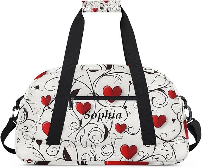 Personalized Girl Gym Bags, Custom Name Sport Bags for Training Travel Overnight Weekender，Red White Heart