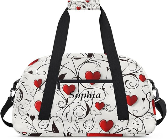Personalized Girl Gym Bags, Custom Name Sport Bags for Training Travel Overnight Weekender，Red White Heart