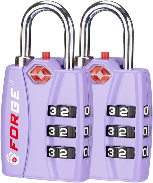 Forge Luggage Locks TSA Approved 2 Pack Purple, Small Combination Lock with Zinc Alloy Body, Open Alert, Easy Read Dials, for Travel Suitcase, Bag, Backpack, Lockers.