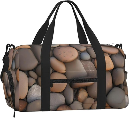 Pebbles in the beach Print Gym Bag with Shoe Compartment for Women Men, 17.7in Sports Duffle Weekender Tote, Overnight Travel Duffel Bag Carry On
