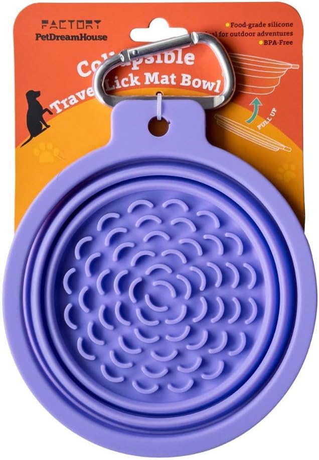 PetDreamHouse Collapsible Silicone Travel Dog Bowl with Lick Mat Bottom & Carabiner, Purple – Holds Up to 3 Cups, Medium Portable Food & Water Bowl for All Dog Sizes, BPA-Free for Hiking & Travel