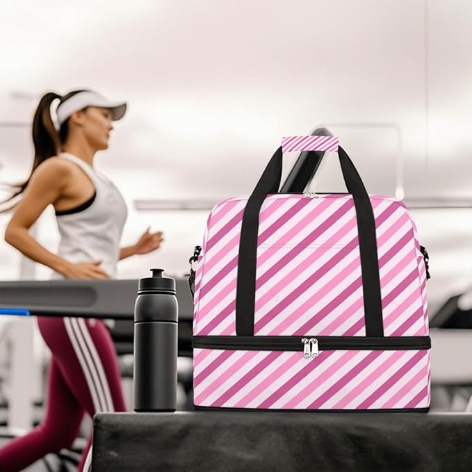 Pink Diagonal Stripes Large Weekender Bag with Shoe Compartment Travel Duffel Bags for Women Carry On Hospital Overnight Bag Foldable Personal Item Travel Bags Tote Gym Sports Airplanes