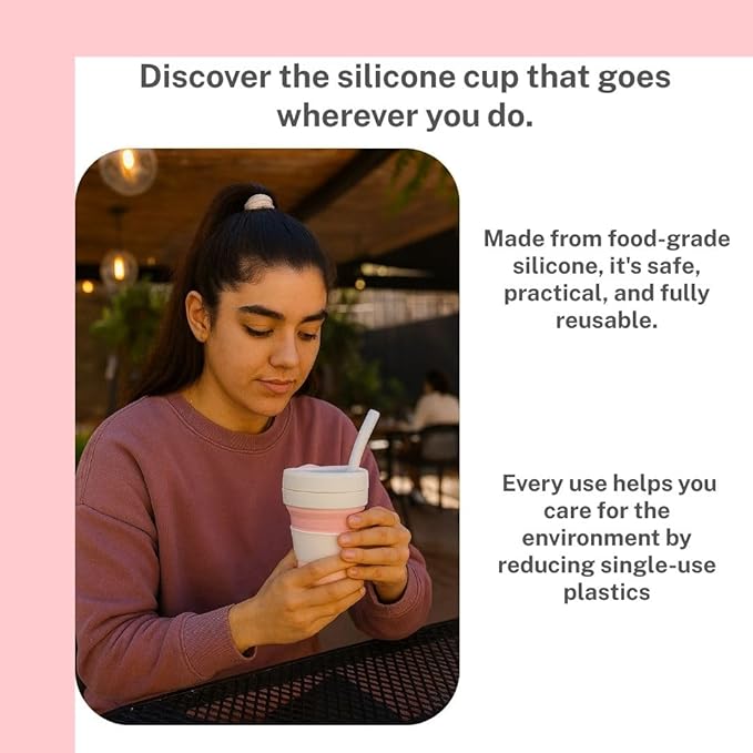 Collapsible Silicone Cup 12 oz – BPA Free Reusable Travel Cup with Lid & Straw – Foldable Pocket Size for Hot & Cold Drinks – Camping, Hiking, Office, Outdoor (Pink & White)