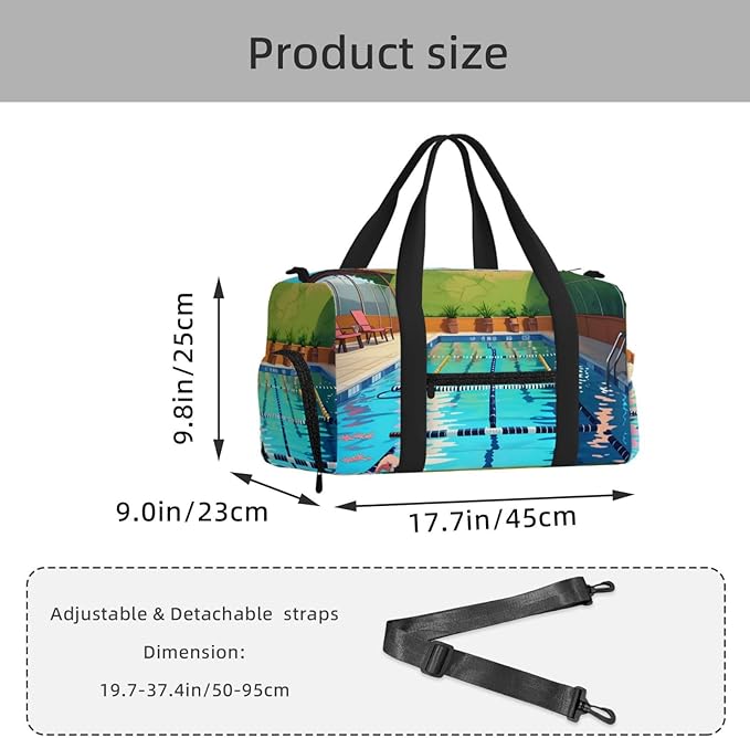 Flamingo and swimming pool Print Gym Bag with Shoe Compartment for Women Men, 17.7in Sports Duffle Weekender Tote, Overnight Travel Duffel Bag Carry On
