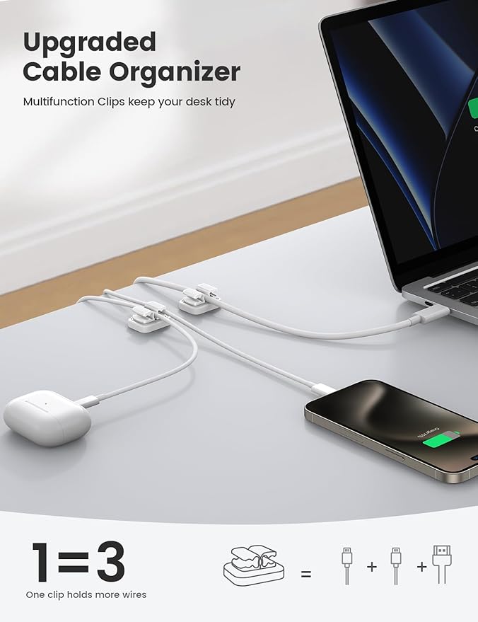 6Pack Cord Organzier Spring Clip Holder - Lamicall 3-in-1 Small Clips for Desk Cable Management, Adhesive Adjustable Cable Clips Holder for Charger Wire, USB Cord, Office, Car, Desk Accessories