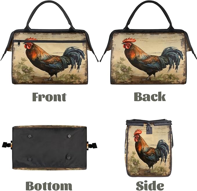 Multipurpose Duffle Bag, Waterproof Carry On Bag with Spacious Design, Retro Rooster Gym Bags, 15.2x8.3x11.6in