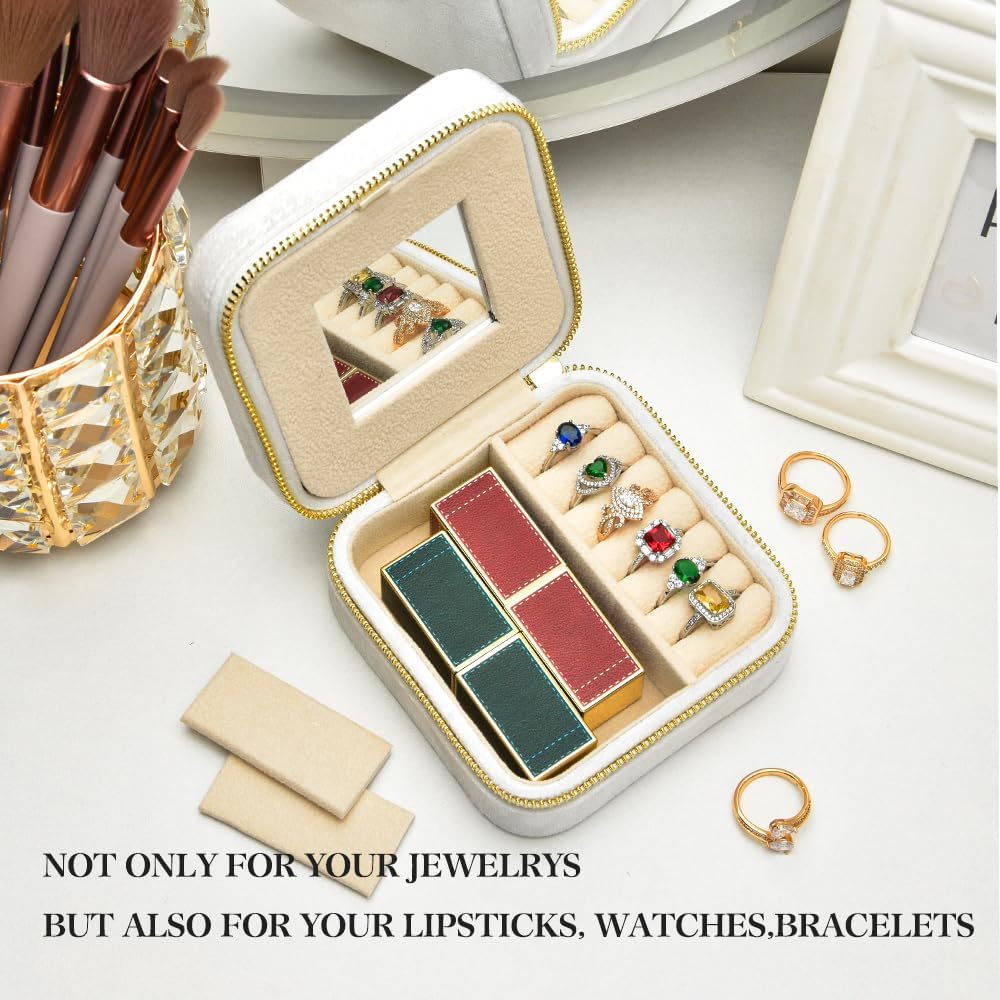 TAIMY Travel Jewelry Case,Small Plush Velvet Travel Jewelry organizer,Portable Mini Travel Jewelry Boxes for Rings Earrings Necklaces Bracelets(White,with Mirror)