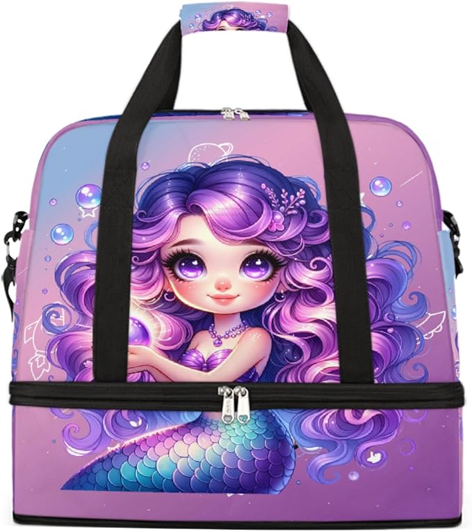 Purple Mermaid Girls Large Weekender Bag with Shoe Compartment Travel Duffel Bags for Women Carry On Hospital Overnight Bag Foldable Personal Item Travel Bags Tote Gym Sports Airplanes