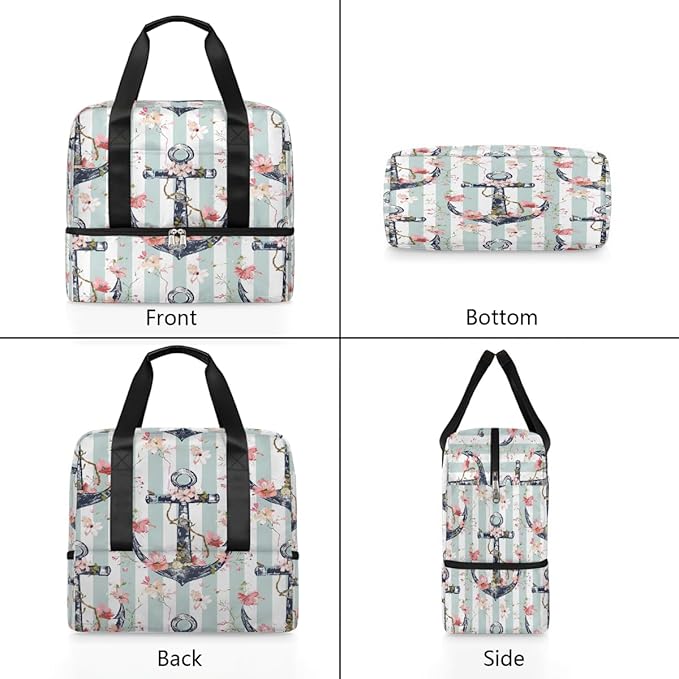 Vintage Anchor Flower Stripe Sports Tote Gym Bag for Women Men, Travel Duffel Bag with Shoe Compartment Large Capacity Workout Overnight Bag for Fitness Yoga Swimming Weekend