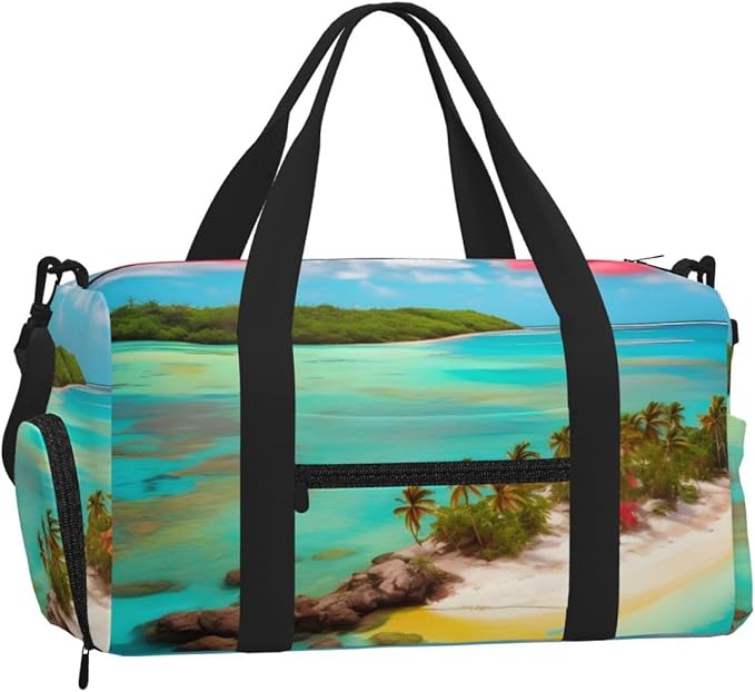 Caribbean Scenery Print Gym Bag with Shoe Compartment for Women Men, 17.7in Sports Duffle Weekender Tote, Overnight Travel Duffel Bag Carry On