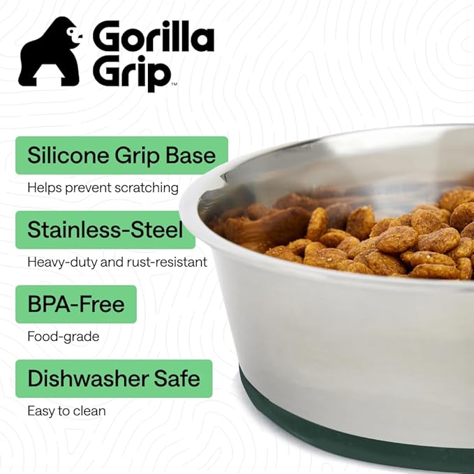 GORILLA GRIP Dog Bowls, Heavy Duty 304 Stainless Steel, Holds 4 Cups Each (32 fl oz) Food and Water Bowl for Feeding Dogs and Cats, Dishwasher Safe, Rust Resistant, BPA Free Rubber Base Set of 2 Green