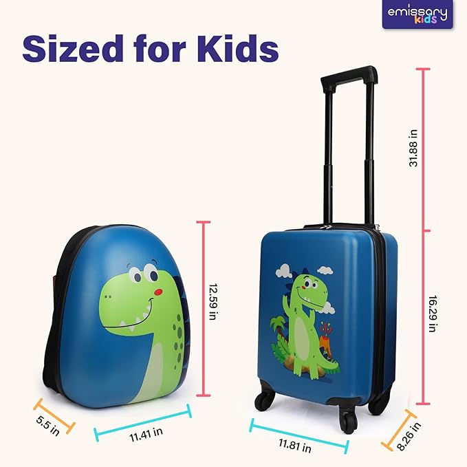 emissary Dinosaur Kids Suitcase for Boys, 18" Hardside Dinosaur Toddler Suitcase Set with Spinner Wheels and Backpack, Kids Carry on Luggage Set Rolling Travel Kid's Luggage Gifts Airline Approved