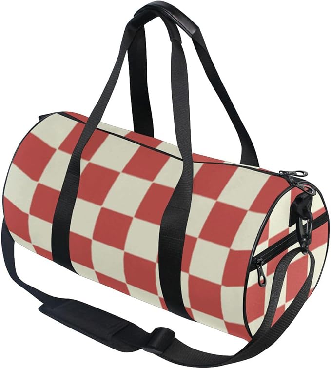 Red Beige Checker Plaid Foldable Personal Item Travel Bag Workout Travel Tote Gym Bag