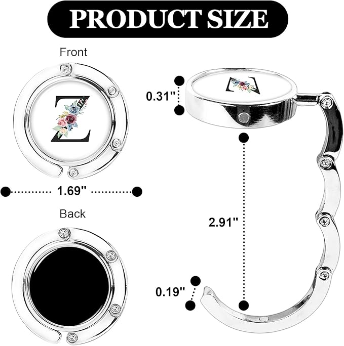 XSUIOY 3Pcs Personalized Initial Foldable Purse Hook for Table,Crushed Flower Letters Folding Purse Hanger,Purse Holder Handbag Hanger Collection Desk Table Bag Hooks Gifts for Women Bag(Black-Z)