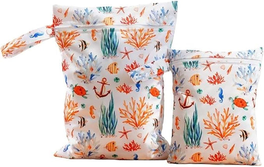 2 Sizes Wet Bags, Waterproof Storage Bag for Baby Diapers and Pump Parts, Reusable Diaper Bag with Zippered Pockets and Handle, Travel Bags, Beach, Pool, Gym Bag for Swimsuits & Wet Clothes, Set of 2