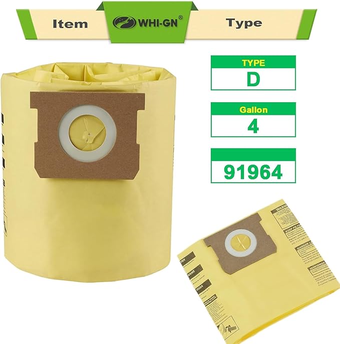 10 Pack 91964 Double Layer High Efficiency Replacement Filter Bags 9196400 9196433 for Shop-Vac 4 Gallon Wet/Dry Vacs, Type D Vacuum Bags