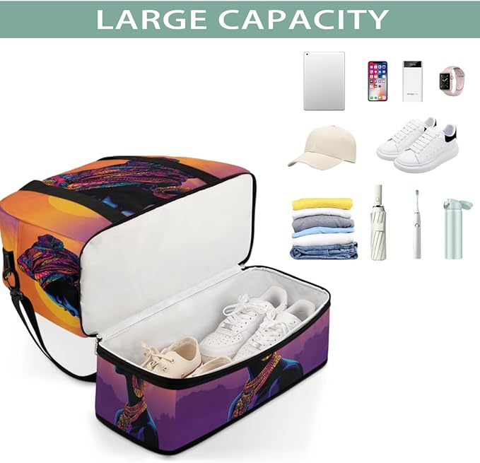 Foldable Travel Duffel Bag for Women - Carry on Personal Item Bag with Shoes Compartment, Weekender Overnight Duffle Bags Sport Tote Gym Luggage for Airplanes(Traditional African woman)