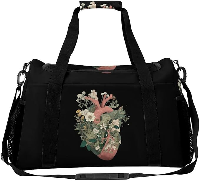 Botanical Heart Duffle Bag Gym Bag for Workout Travel Tote with Detachable Straps