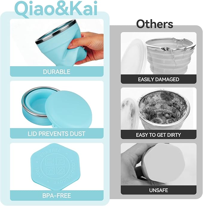 Qiao&Kai Collapsible Cup 6oz(180ml), Silicone Folding Travel Cup, Cup for Traveling, Camping, Gym,Kids, Daily Use – BPA-Free, Eco-Friendly,with Gift Box (Blue)