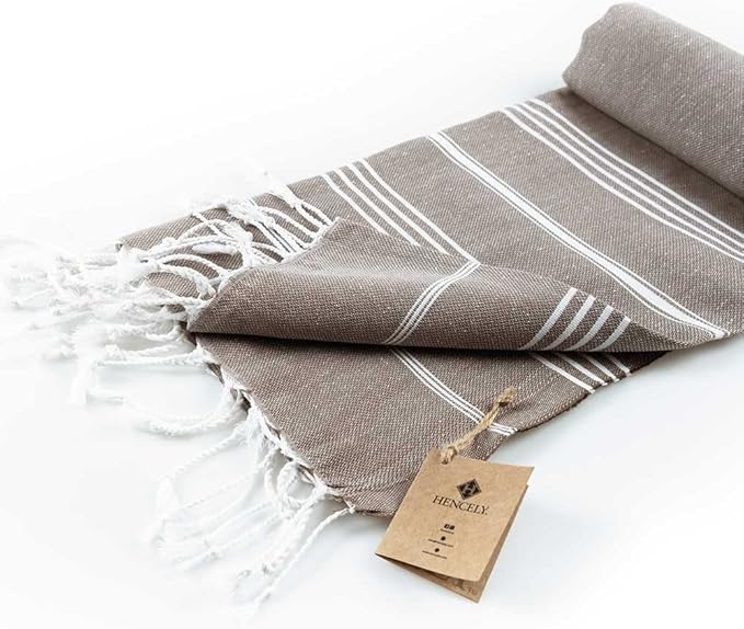 Hencely Turkish Beach Towel 37x68 Oversized, Sand-Free, Quick-Dry, Lightweight - Travel Essential for Pool & Bath - Striped 100% Cotton Bathroom Towels Accessories Gift (Brown)